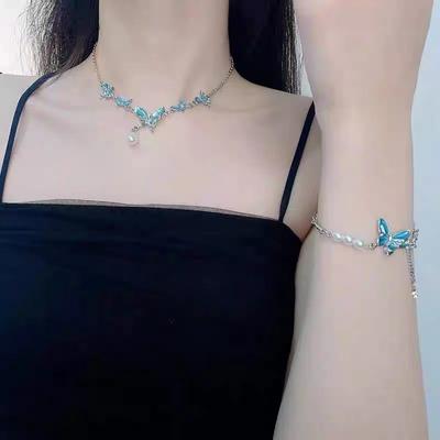Butterfly Diamond Pearl Tassel Necklace Female Sweet Cool Girl Pure Desire Style Collarbone Necklace