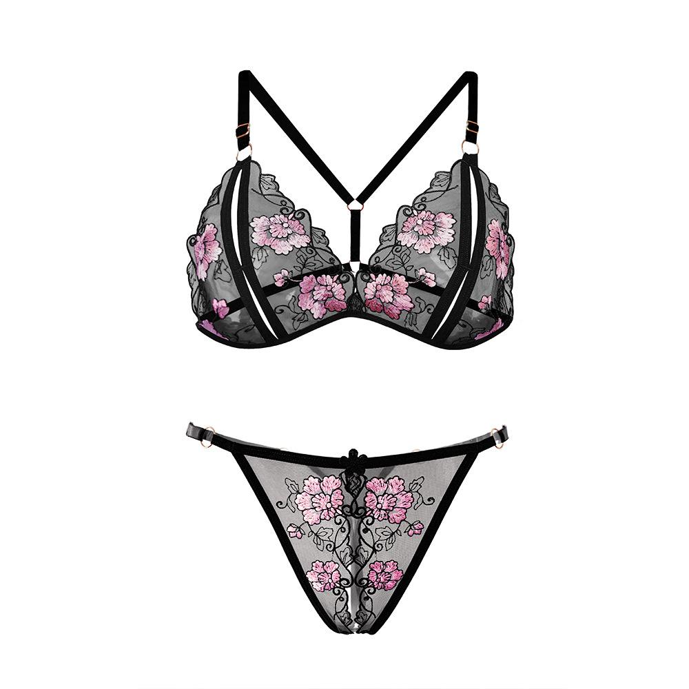 Sexy Lingerie Bed Flirting Robe Three-point Seduction Sexy Embroidery Open Passion Bra Set Women's Large Size