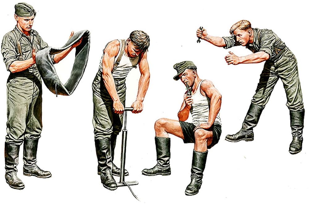 

Master Box German Vehicle Repair and Maintenance Crew Figures Work Summer Style Plastic Model MB35082 1/35 (4 + Bench)