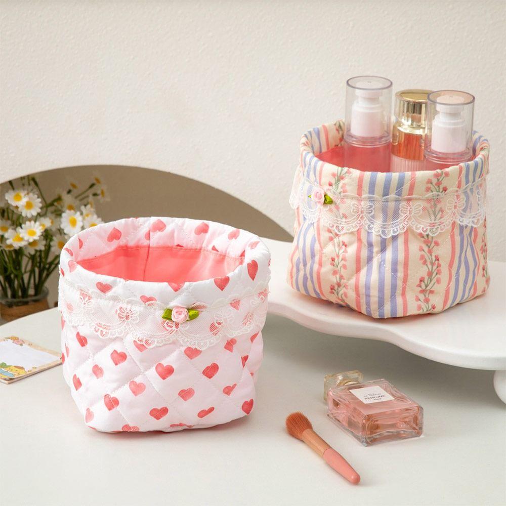 New Durable Quilting Cotton Desktop Storage Basket Lace Bowknot Decor Large-capacity Round Organizer Storage Container Home