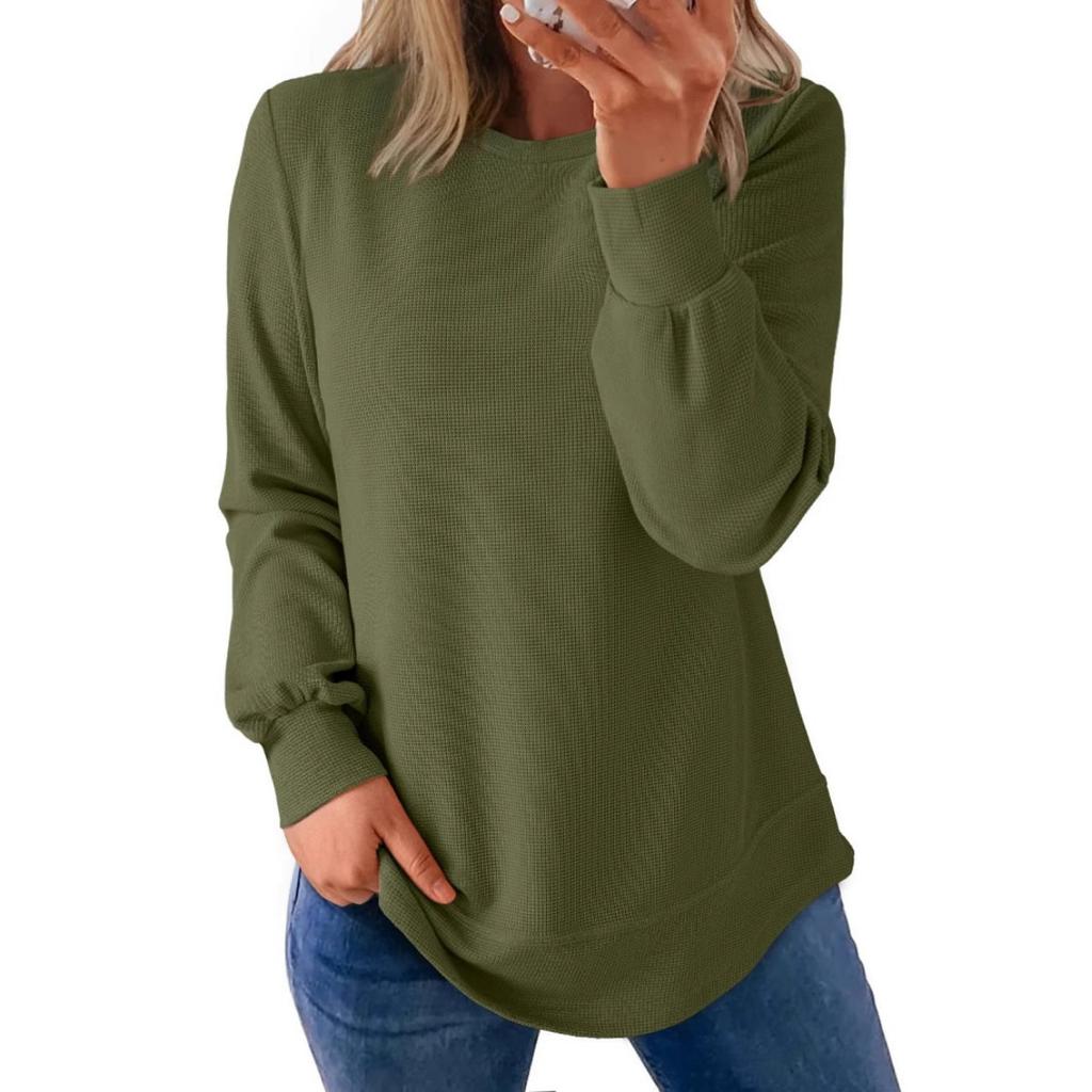 Autumn and Winter Waffle New Round Neck Curved Hem Loose Long Sleeved Top