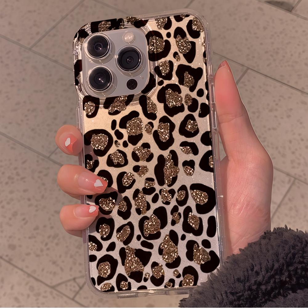 Fashion Leopard Print Silicone Bling Glitter Phone Case For iPhone 17 11 12 13 Plus 14 15 16 Pro Max Shockproof Clear Soft Cover