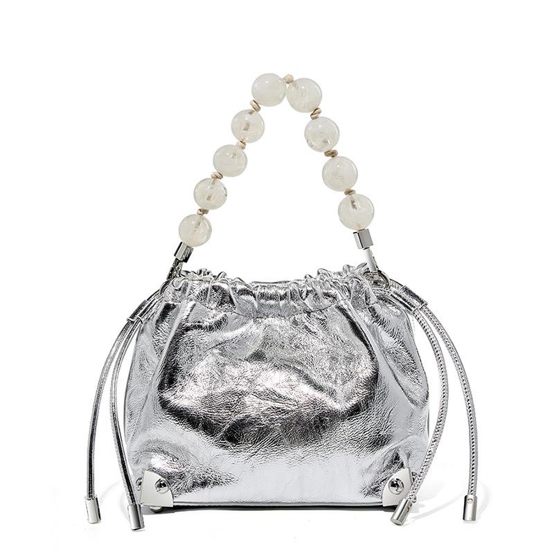 

Новая сумка из бисера, первый слой коровьей кожи, сумка с плиссировкой и цветком ручной работы, портативная, на плечо, через плечо, женская сумка серебряный