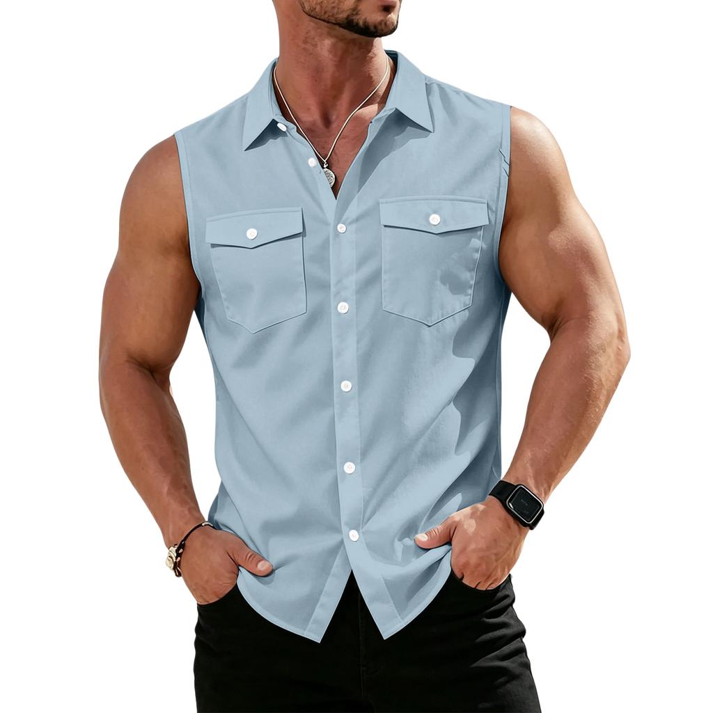 Men's Workwear Lapel Button-Down Vest Shirt - Lightweight Sleeveless Top