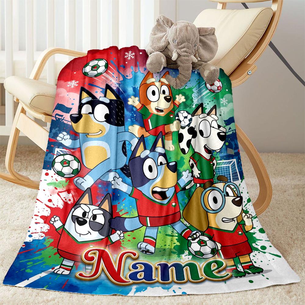 Bluey's Soccer Fun Personalized Name Blanket Gift Customizable Blanket Durable Comfort for Couch Home Decor Bedding Living Room for All Occasions
