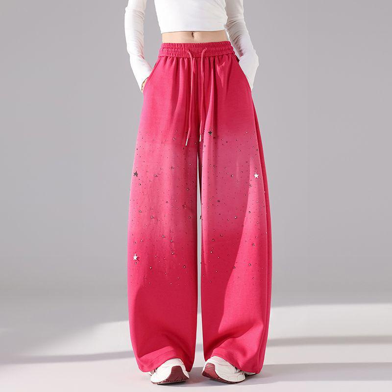 Pantalones de chándal para mujer con plátano y strass degradado - Cintura elástica Otoño/Invierno Pantalones casuales de pierna ancha