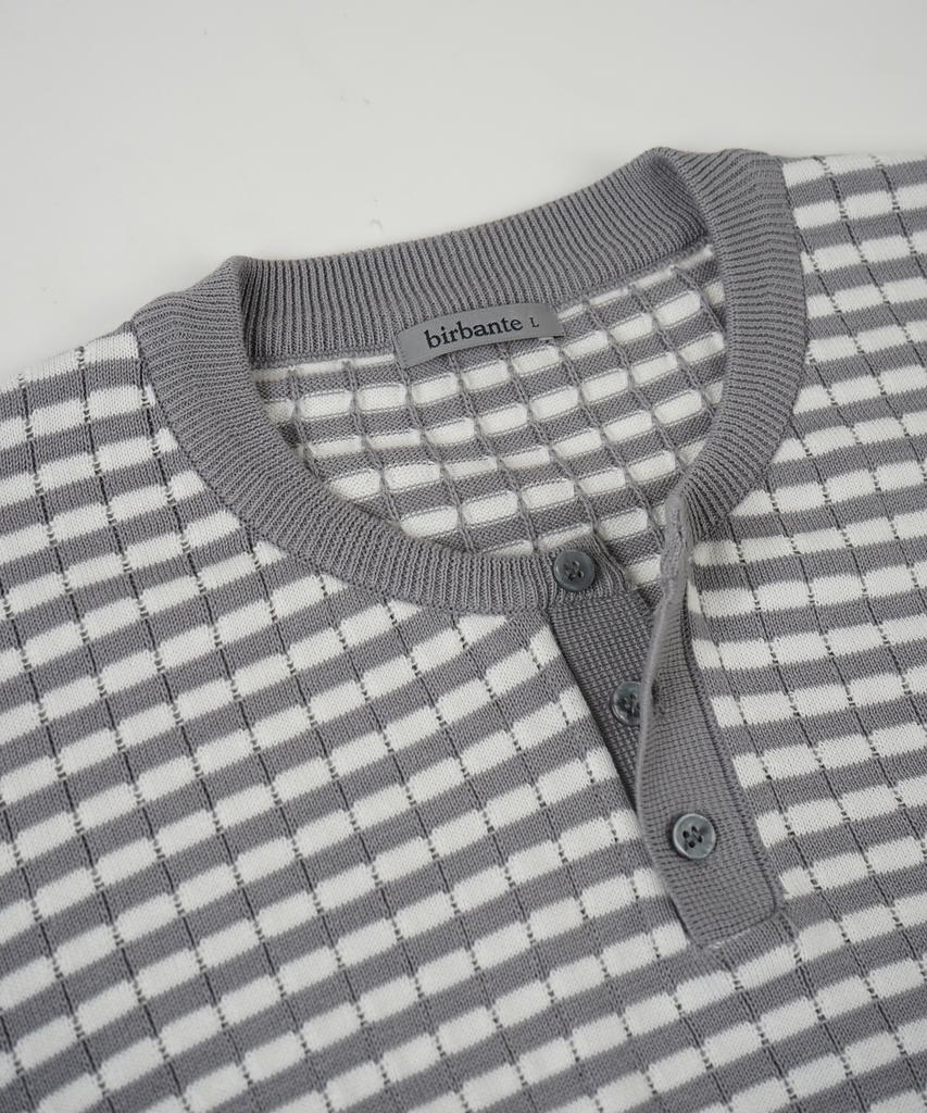 BIRBANTE Summer Washable Henley Neck Knit - Gray Stripe