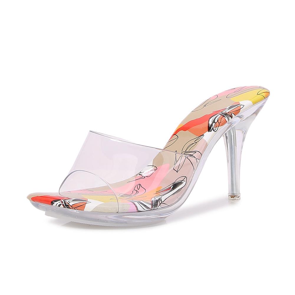 Summer Open-toed High Heels Outer Wear Temperament Colored Cool Slippers Crystal Transparent Large Size Sandals Supply