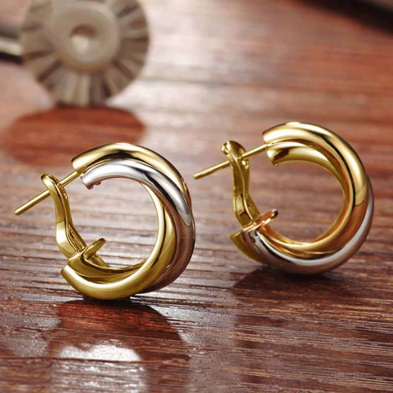 Mosquito Coil Disc Ring Earrings Female, Retro Hong Kong Style Two-Color Ear Buckles, Metallic Temperament Earrings