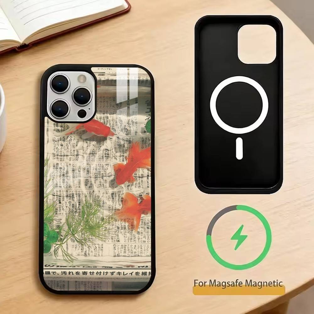 Newspaper Goldfish Phone Case For iPhone17,16,15,14,13,12,11 Plus,Pro Magnetic For Magsafe Wireless Charging