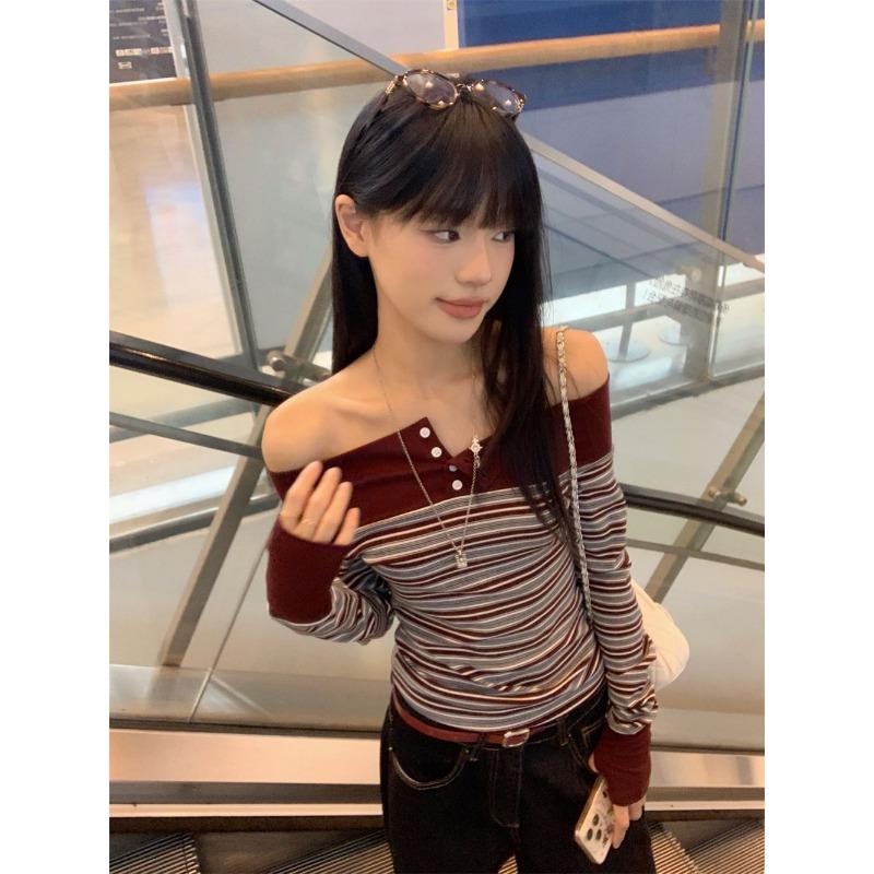 Amerykański Styl Kontrastowy Pasiasty Jednoliniowy Długi Rękaw Jesienny Dopasowany Odkrywający Ramiona Top Bazowy