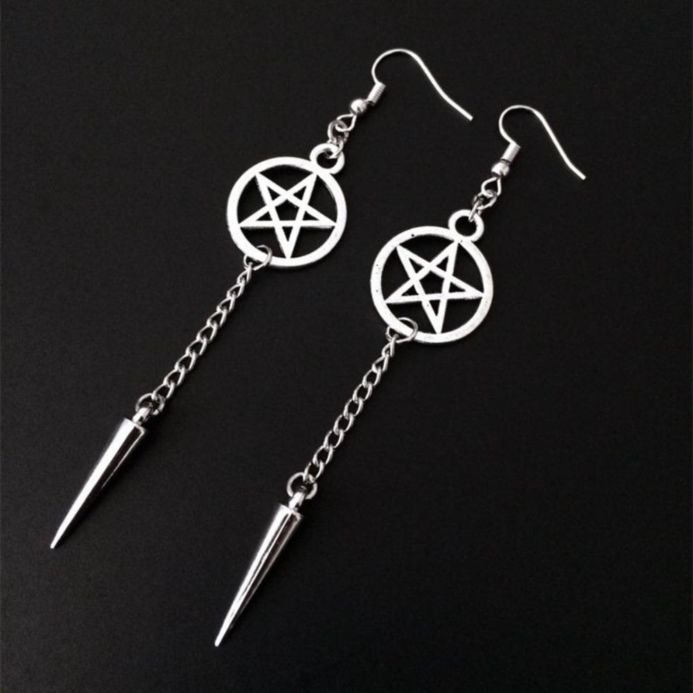 Personality Gothic Sliver Color Five-pointed Star Sword Dagger Tassels Dangle Earrings for Women Hallowmas Party Jewelry Gifts