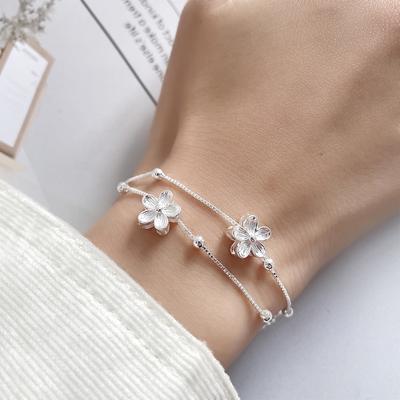 Sterling Silver S925 Silver Bracelet Flower Bead Bracelet for Your Girlfriend, Stylish Double-layered Daisy Flower Bracelet