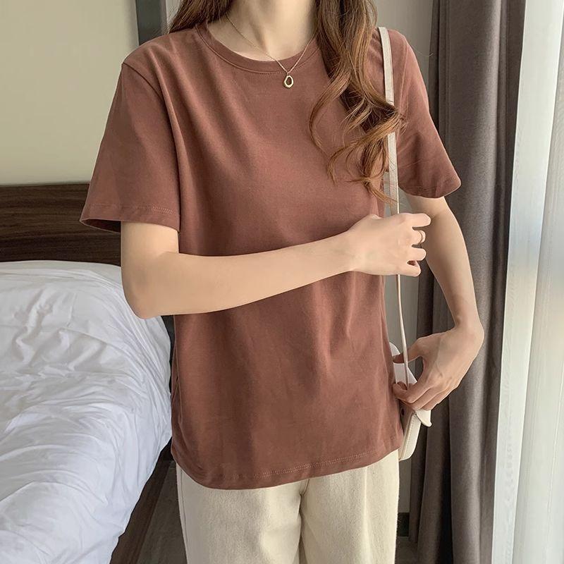Koreanische Version Einfarbig Retro Kurzarm-T-Shirt für Damen Neu Vielseitig Locker Studenten Slim Casual Oberteil