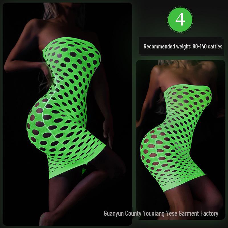 Linlinting Plus Size Glow-in-the-Dark Fishnet Bodystocking with Luminous Bandeau and Socks