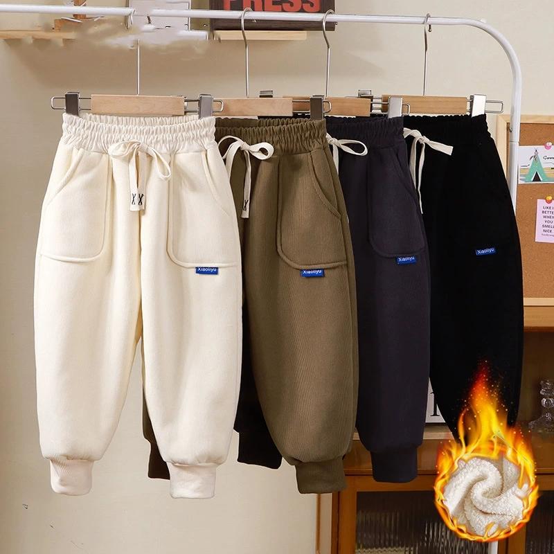 Autumn Winter Velvet Pants Solid Color Children Kids' Thick Warm Fleece Pants Casual Sports Trousers for Boys and Girls