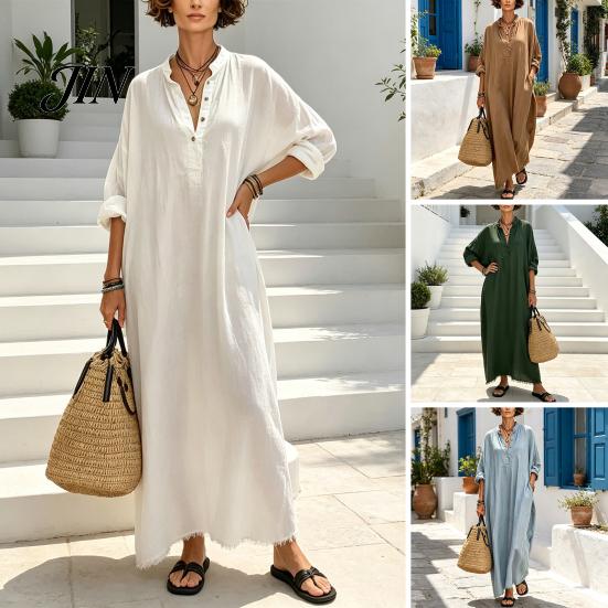 Women Summer Party Dress Maxi for Women, V-Neck Casual Oversized Boho Long Comfortable Daily Wear Dress, Sleeve Button Up Vacation Sundress