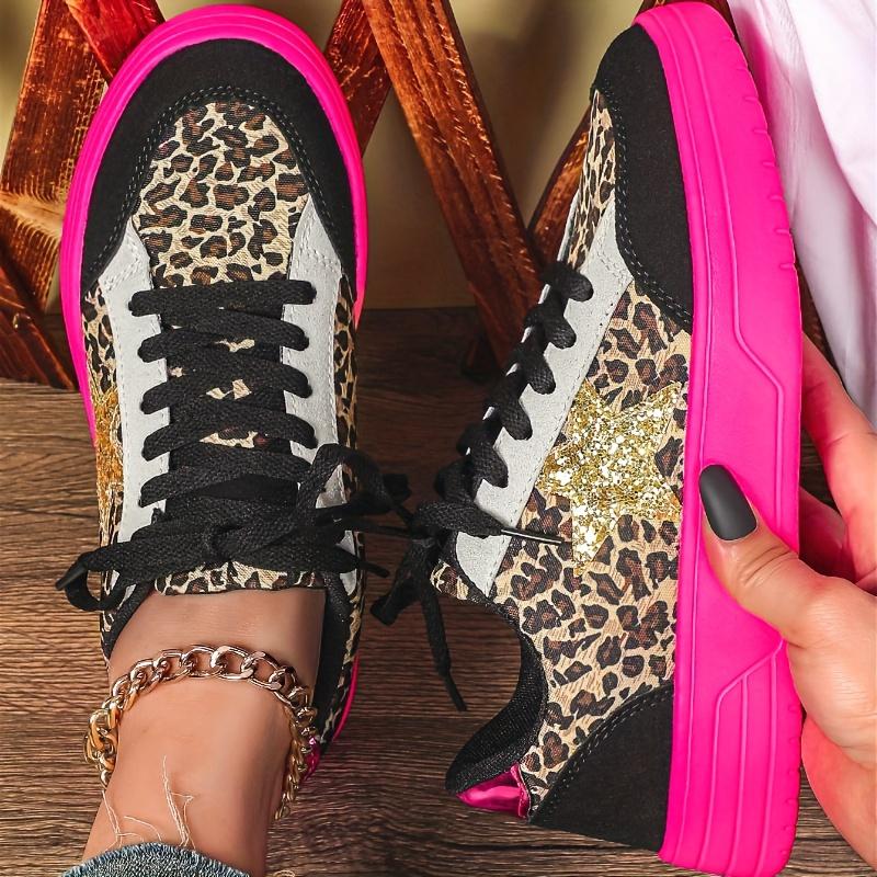 Women's Multi-Color Sneakers Neon Pink/Golden Glitter Low-Top Lace-Up EVA Cushion Leopard Print All-Season Casual Vacation Work Parties