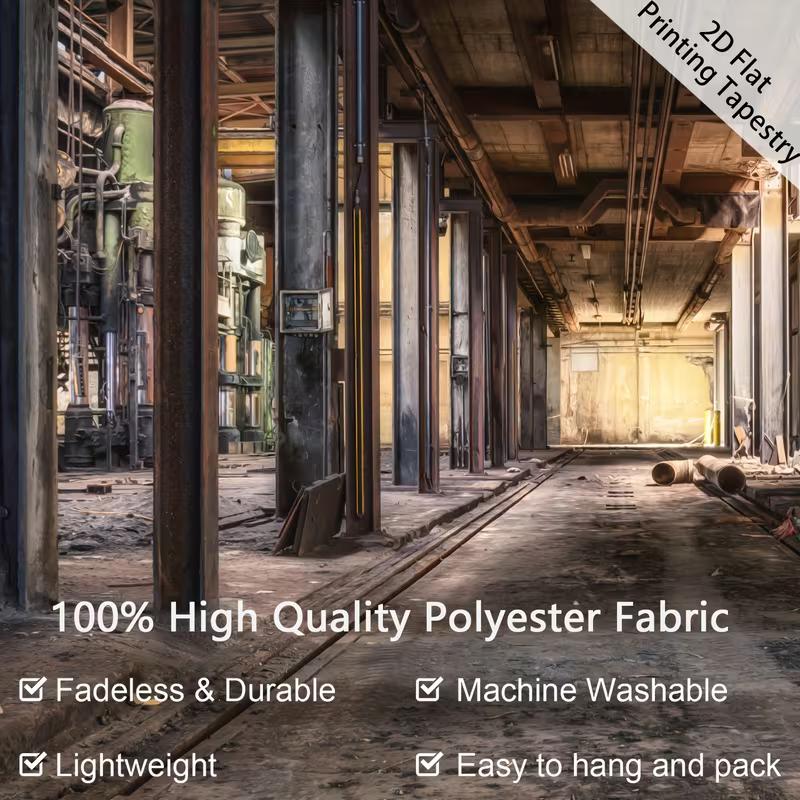 2D Grunge Factory Tapestry Vintage Warehouse with Railroad Tracks Wall Background