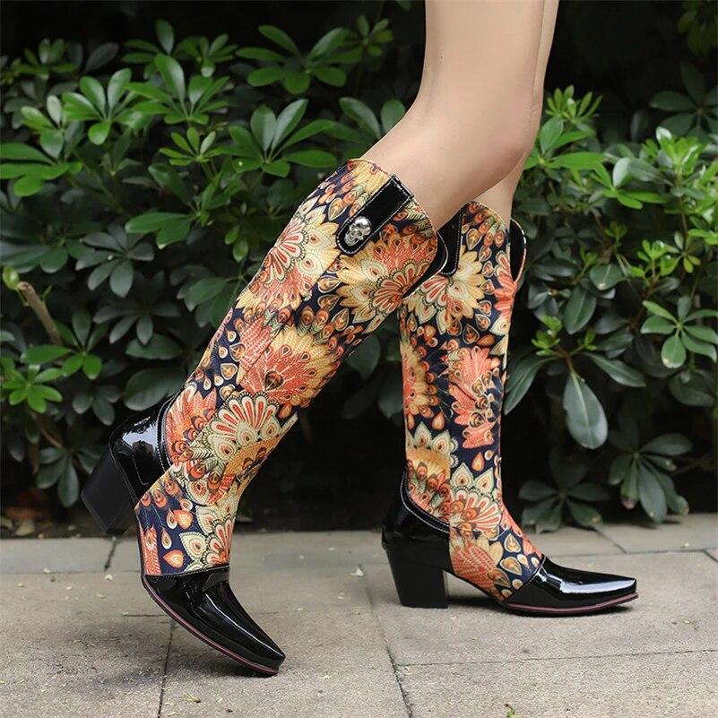 FOREADA Women Patent Leather Knee High Long Boots Square Toe Thick High Heels Western Cowgirl Boots Lady Fashion Shoes Winter 46