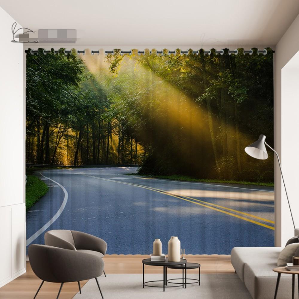 2 Panel Custom Forest Curtain Visual Extension Highway Curtain 3D Space Forest Tree Green Scenic Living Room Windows Curtain