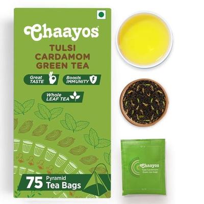 Chaayos Bustine di tè verde - Tulsi Cardamomo (75 bustine di tè piramidali) | Tè verde aromatizzato al tulsi e cardamomo | Tè verde | Tisana | Tè verde al tulsi