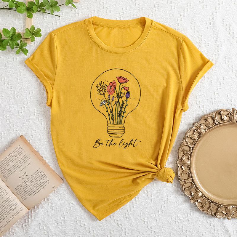 Summer Women's Fashionable Light Bulb Short Sleeved Casual Loose Cotton Round Neck Top