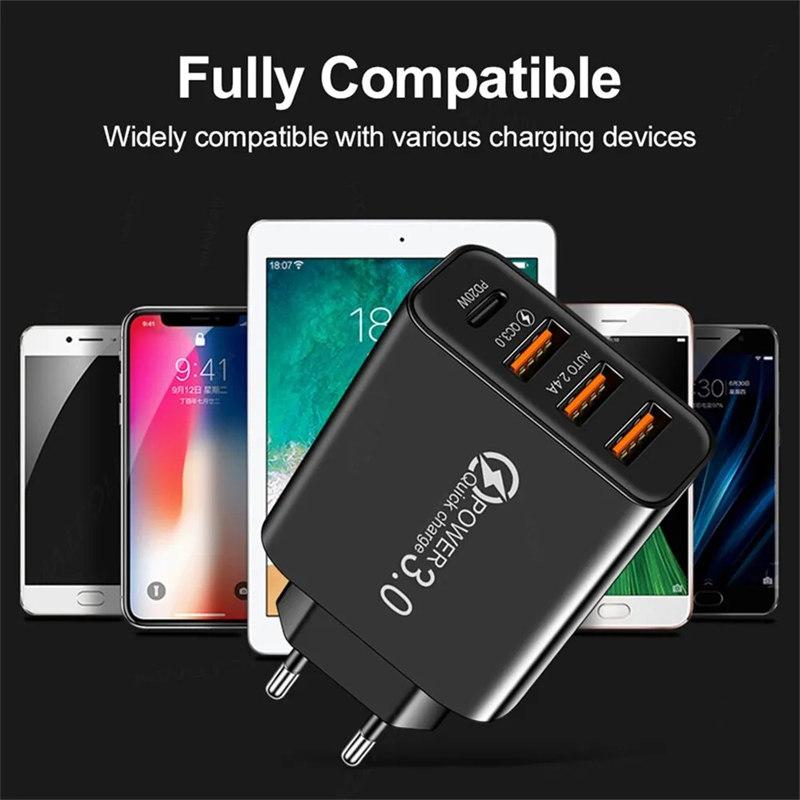 Typ C USB Schnellladegerät 4 Ports 3.0 PD Handy Power FAST Adapter für iPhone Samsung Xiaomi Schwarz