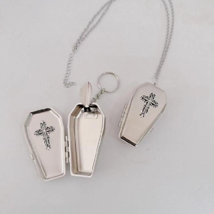 Punk Inspired Coffin Keychain Openable Pendant Necklace Metal Texture Party Keyring Goth Culture Key Accessory for Daily