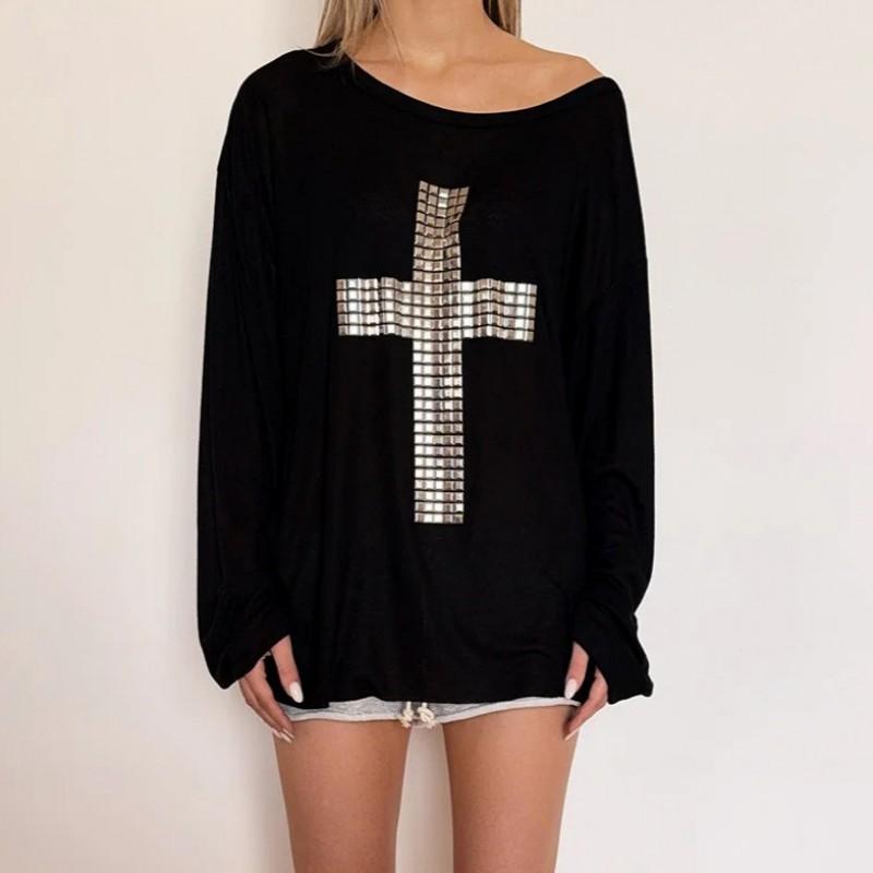 Dark Slim Asymmetrical Shoulder T-Shirt Vintage American Cross Rhinestone Top Streetwear Women