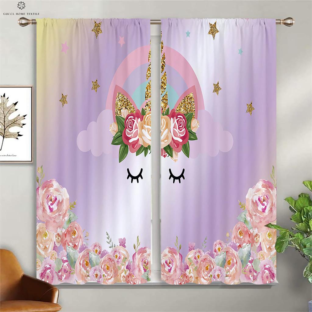 Animated Cartoon Unicorn Eyelash Curtains, Pink Floral Cute Pattern, Girl Room, Living Room, Study Window Decoration, 2Pcs