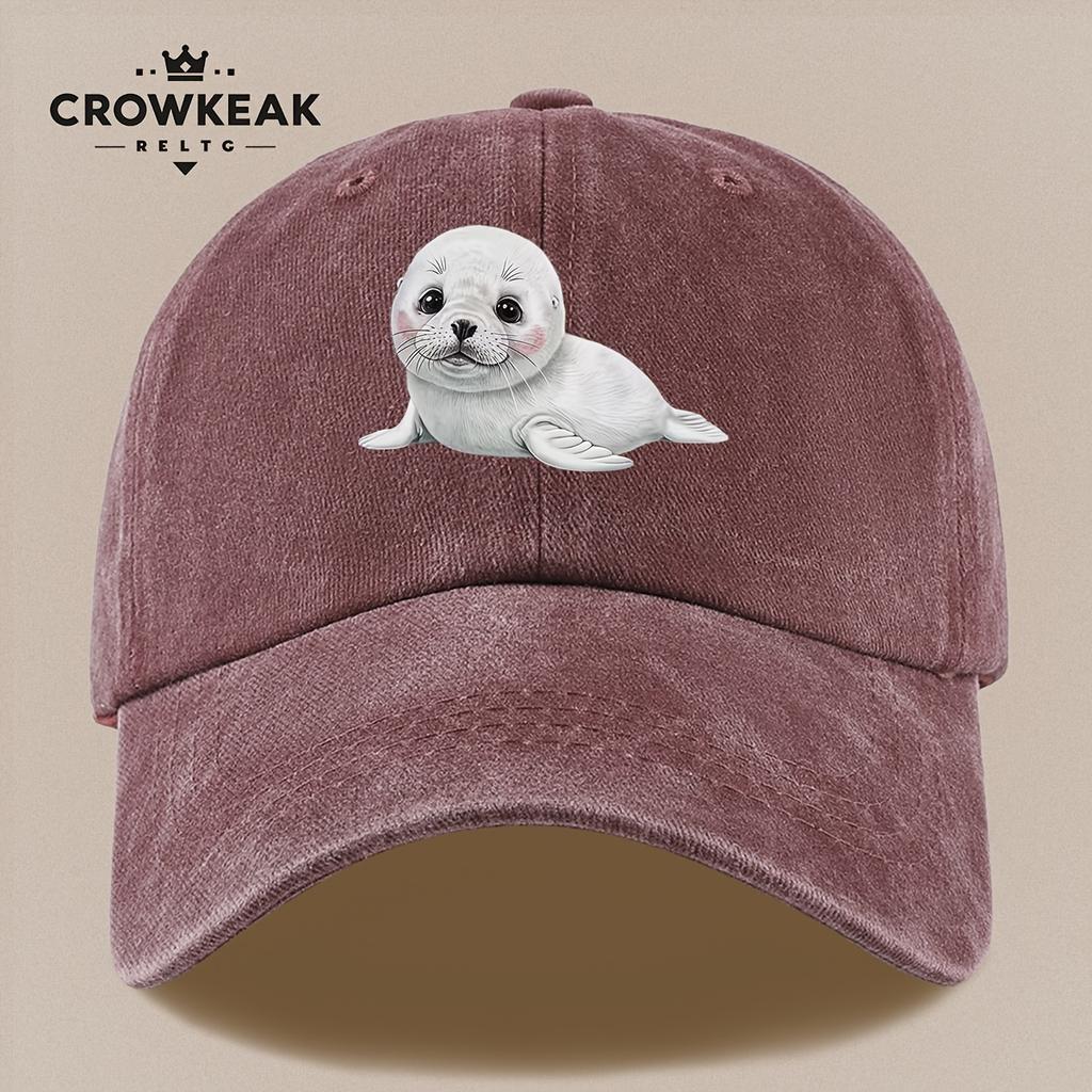 Pc Niedliches Cartoon-Robbenmuster-Design Gedruckte Baseballkappe Schwarz Papa Trucker-Hut Atmungsaktiv Bequem Einfarbig Einfach Retro S
