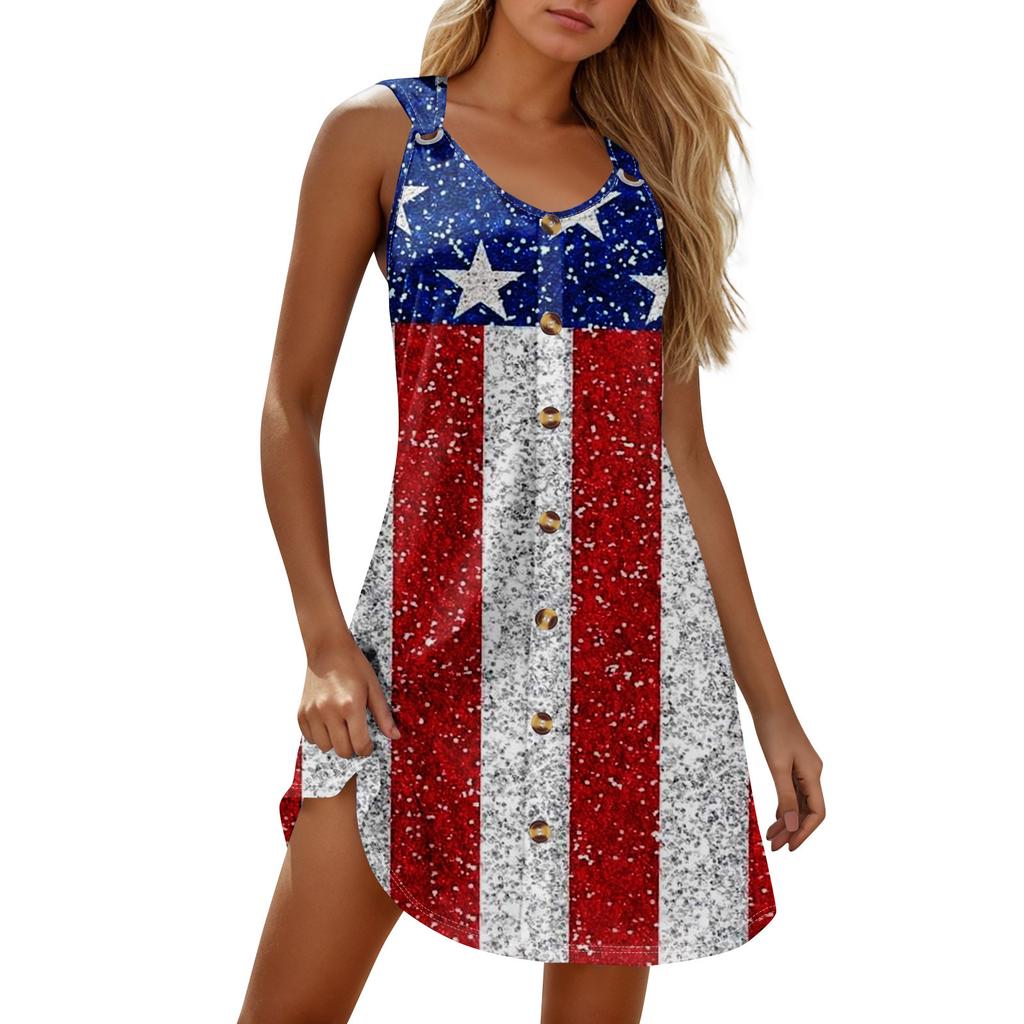 Summer Dresses For Women Beach Boho Sleeveless Independence Printing Tshirt Tank Sundresses