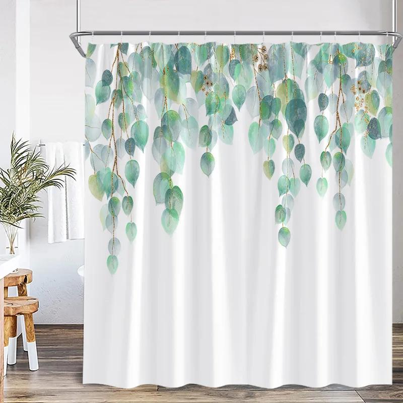 Eucalyptus Leaves Shower Curtains Autumn Brown Leaf Watercolour Plants Modern Bath Curtain Polyester Fabric Home Bathroom Deco