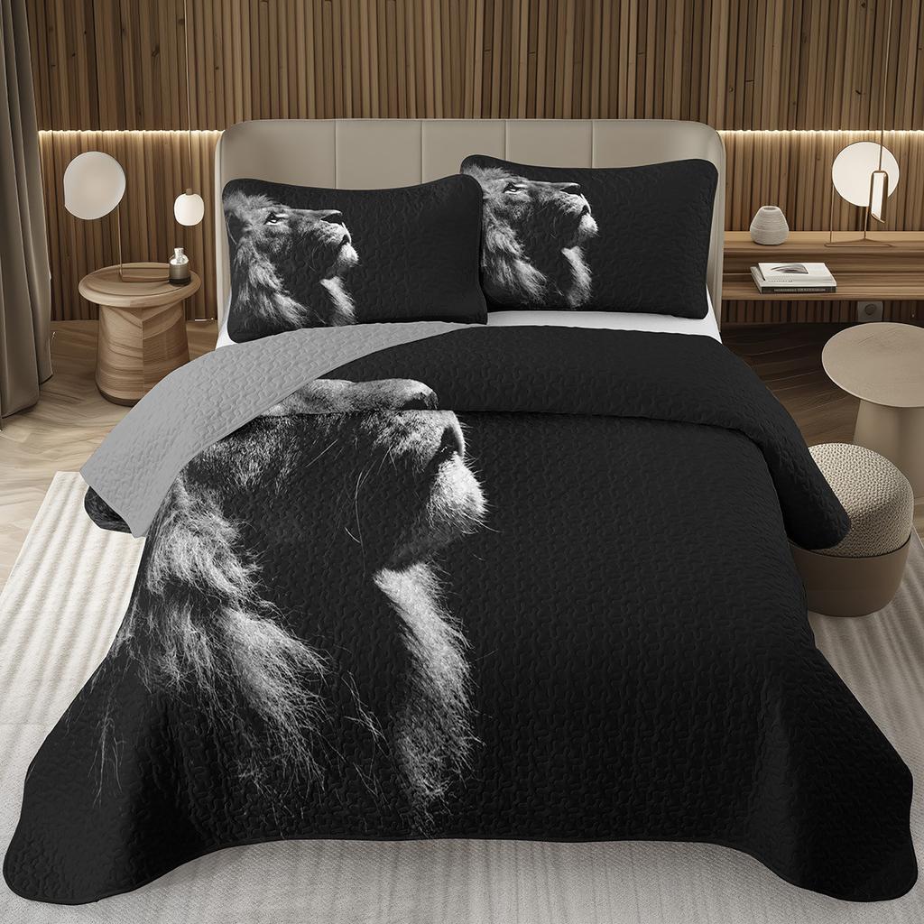 Lion Bedspread Twin King Safari Wild Aninal Coverlet Western Farmstyle Quilt Set Soft Luxury Reversible Grey Quilted Bedding Set