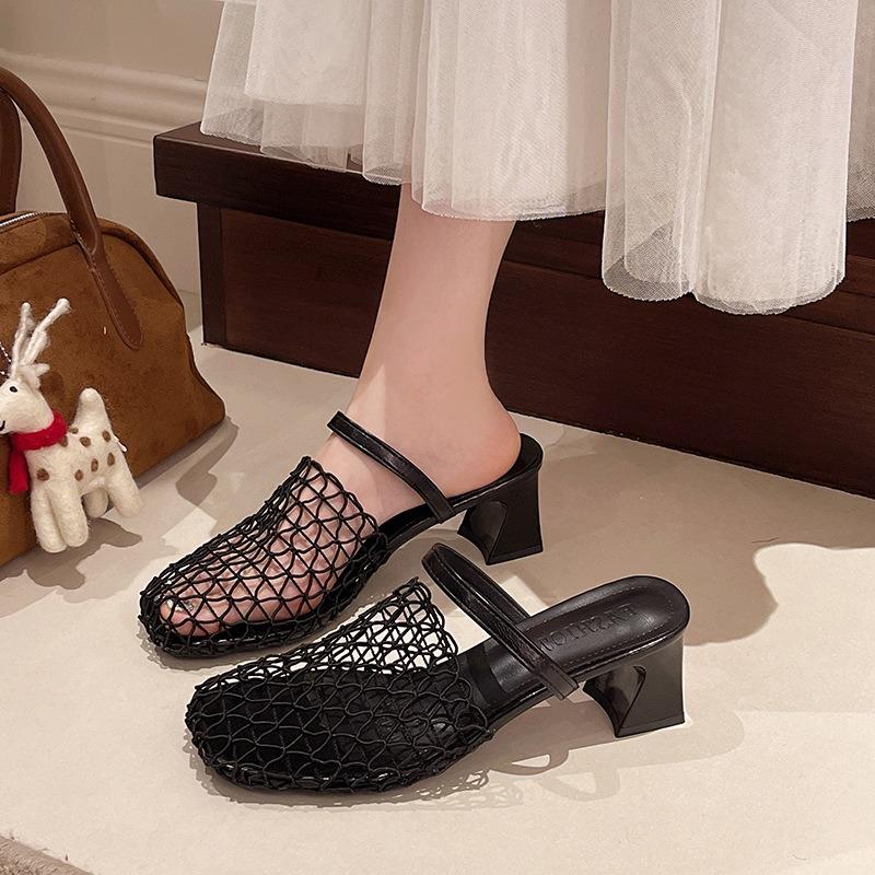 Shoe Bag Head Half Slippers Women's Summer Wear New Skirt Square Head Sandals Fashionable Hole Shoes Women