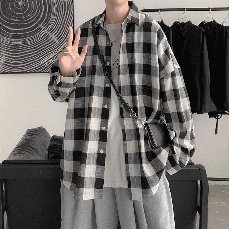 Herrskjorta i rutigt mönster i koreansk stil, Vår 2021 - Tonåring Långärmad, Lös passform, Trendig jacka