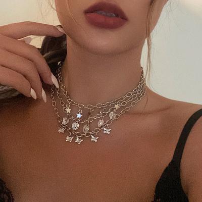 Accessories, Multi-layer Heart-shaped Butterfly Punk Necklace for Women, Simple Star-shaped Stacked Metal Necklace.