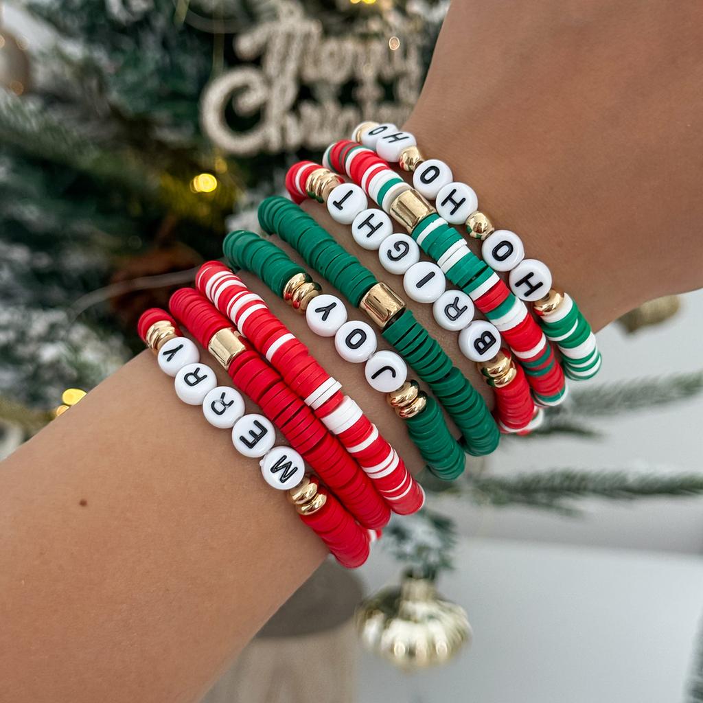 Christmas Contrasting Soft Pottery Letter Elastic Bracelet, Creative Festive Colored Beaded Hand Jewelry
