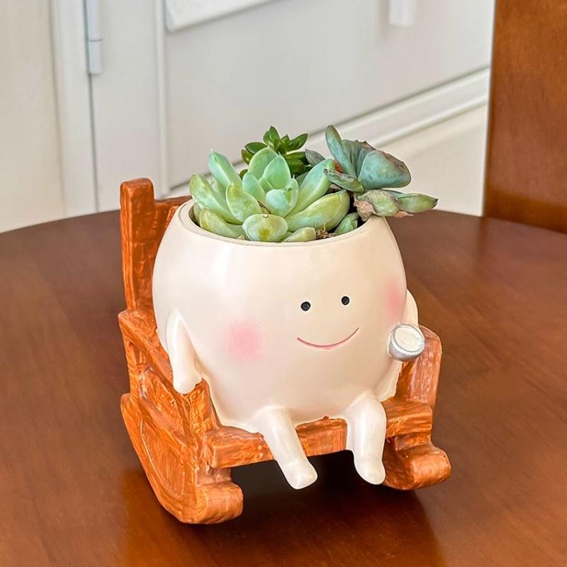 [1 Stück Niedlicher Schaukelstuhl-Pflanztopf] 1 Stück Leichter Harz Niedlicher Schaukelstuhl-Pflanztopf mit Beige/Braun | Pastorale Dekoration für Innen/Außen, Büro, Zuhause