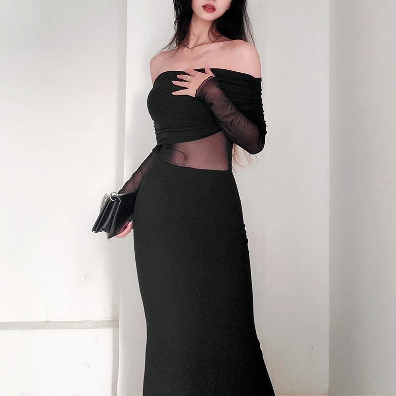 

Liu Wen has the same one-word shoulder pleated long-sleeved dress for women s autumn European and American style sexy French temperament long dress S чёрный