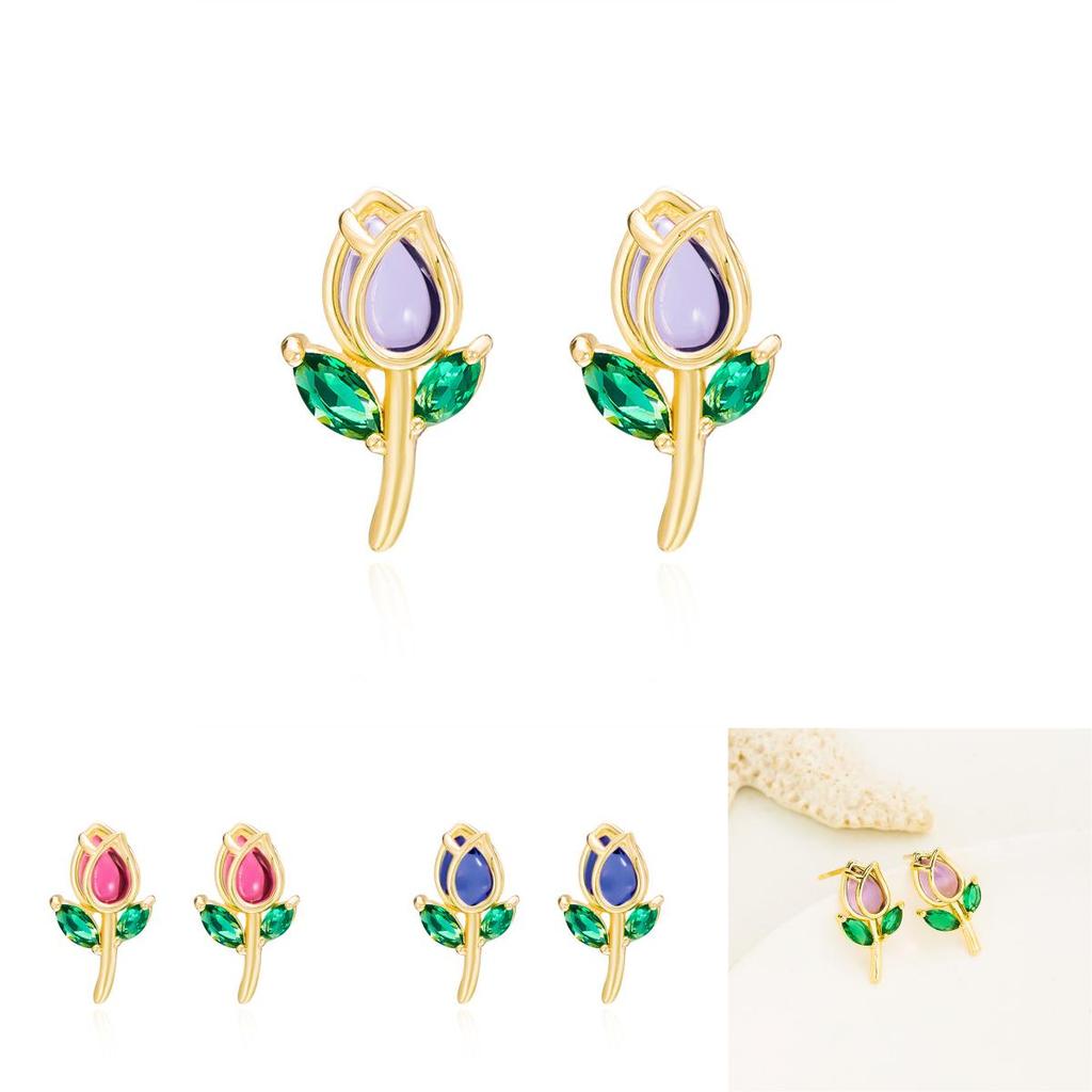 Romantic Tulip Flower Stud Earrings For Women Copper Glass Spring Jewelry