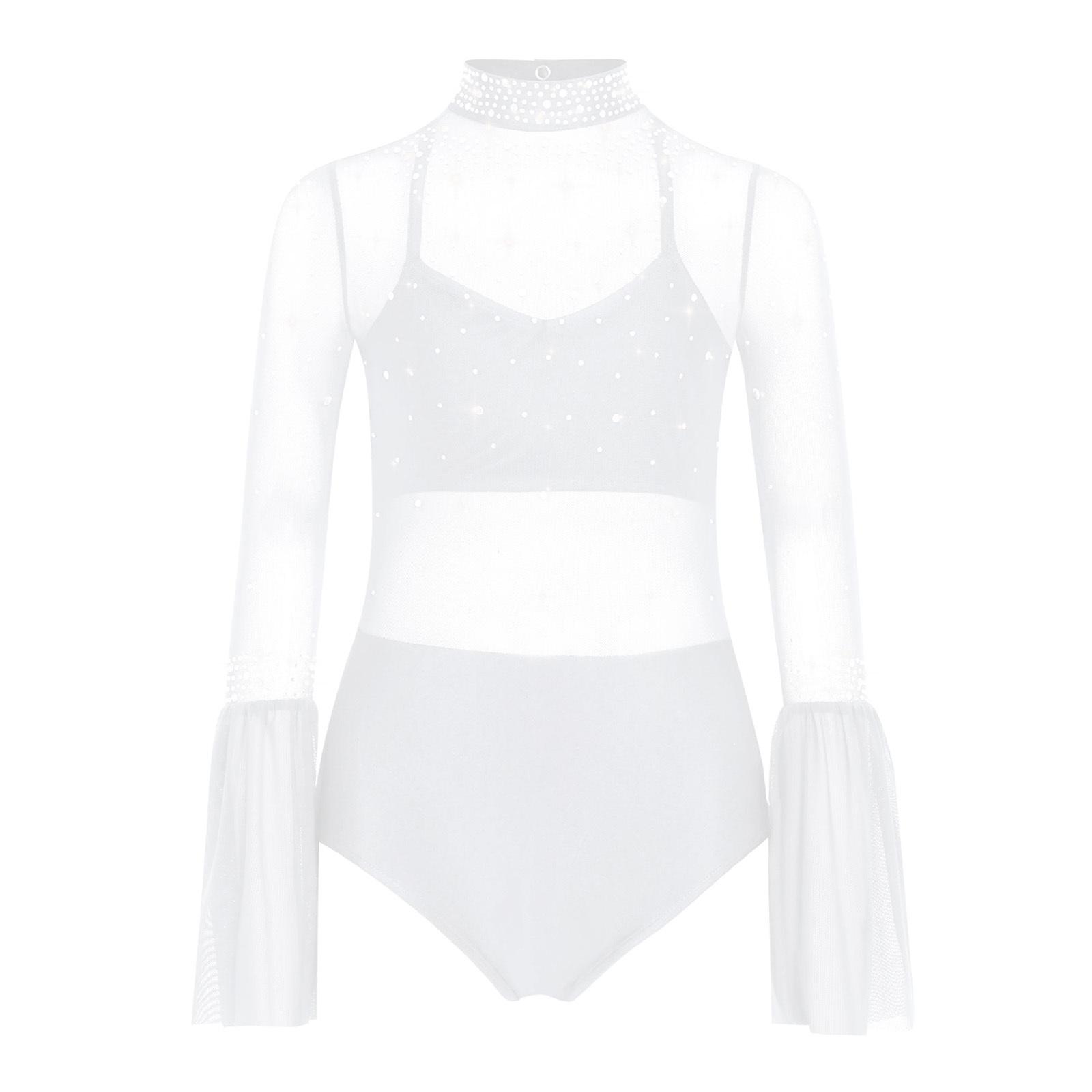 Body da ballo da ragazza a collo alto con maniche a campana, design senza schiena con inserti in rete trasparente e strass scintillanti 15-16 Years