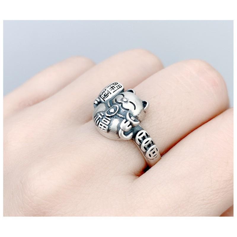Adjustable Open Ring Men Women Vintage Lucky Cat Coin Design Copper Plated Retro Finger New Gift