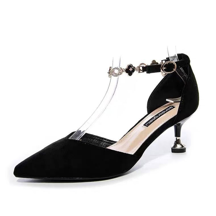 Autumn women's shoes new one-word buckle high heels thin heel versatile pointed head shallow mouth single shoes fairy fairy wind middle heel