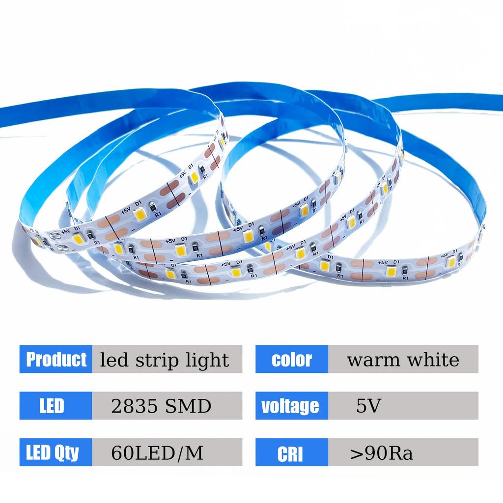 5V USB LED Strip Light White/Warm White – Flexible SMD 2835 Tape, Cuttable & Self-Adhesive for TV Backlight Cabinet Home Lighting