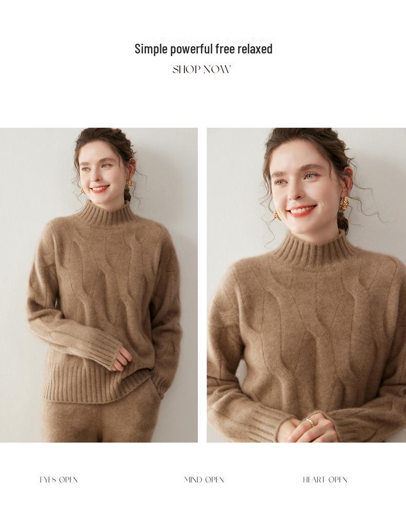 Women's Cashmere Half-High Neck Cable Knit Pullover - Thick, Loose & Cozy for Autumn/Winter.