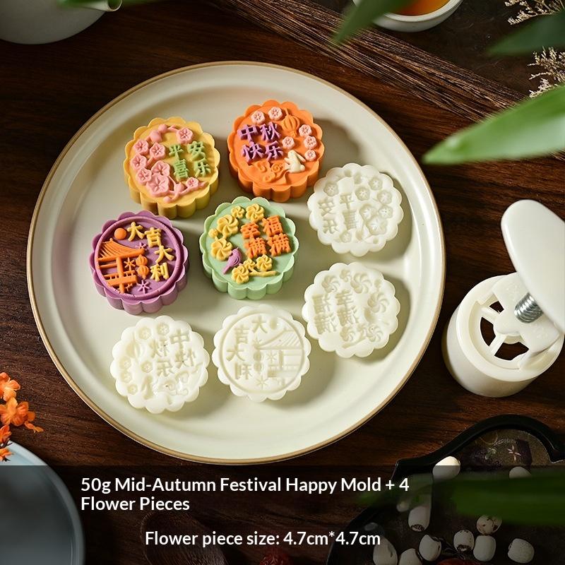 Plastic Hand Press Mooncake Mold No Oil Demold Needed with Multiple Pattern Stamps for Home Beginner Baking