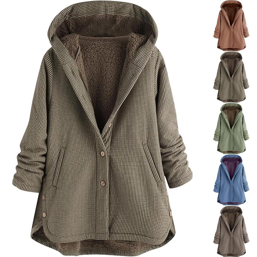 Women's Plaid Jacket Flannel Jacket Button Hooded Warm Coat