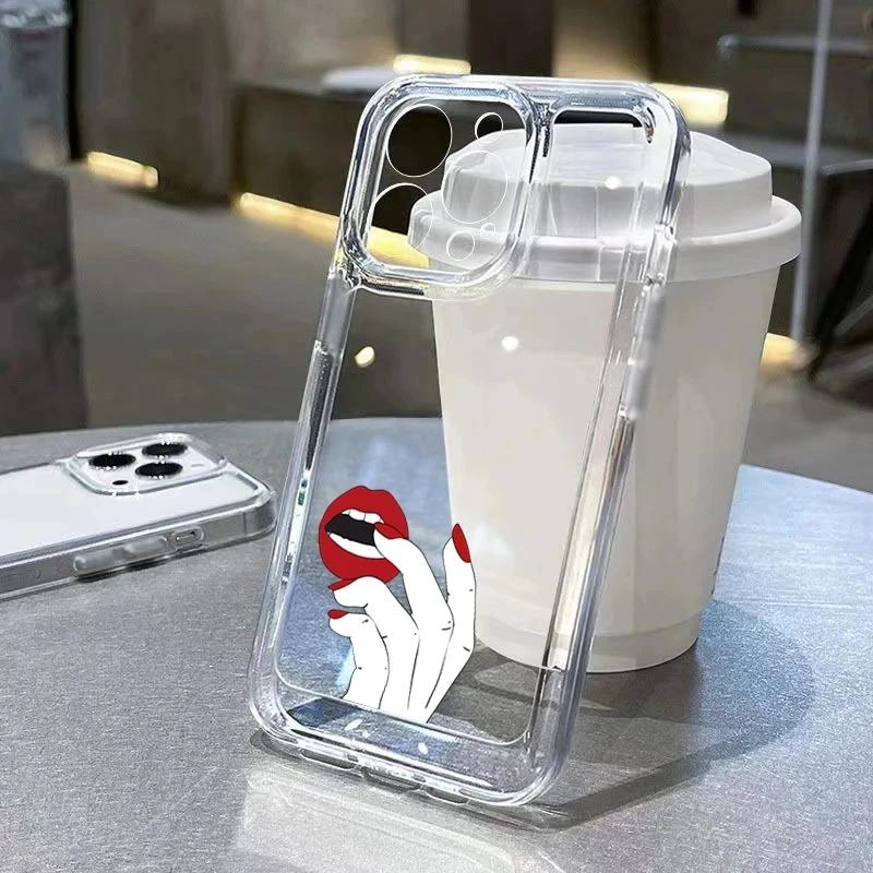 

Soft Clear Phone Case For iPhone 11 Case iPhone 13 14 15 Pro Max 12 Pro XS Max XR X XS 8 7 Plus SE 2020 Sexy Girl Red Lips Cover iPhone12 Mini